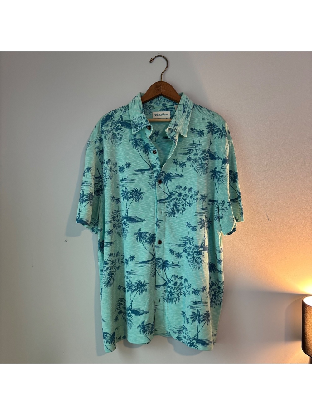 Caribbean Palm Print Camp Shirt Men's L Mint Green Blue Hawaiian Button Up
